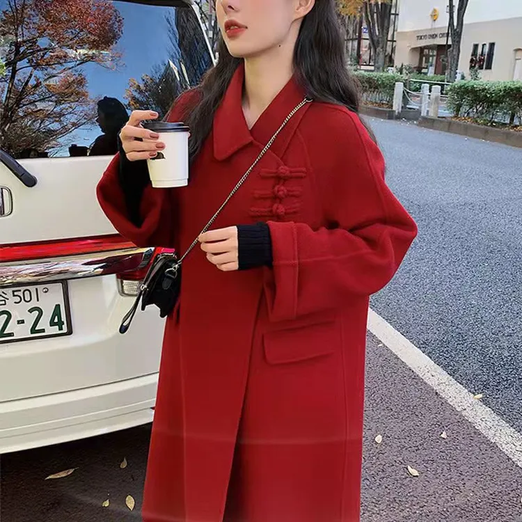 高质量网红爆款韩版气质双面羊毛大衣中长款显瘦宽松休闲毛呢外套