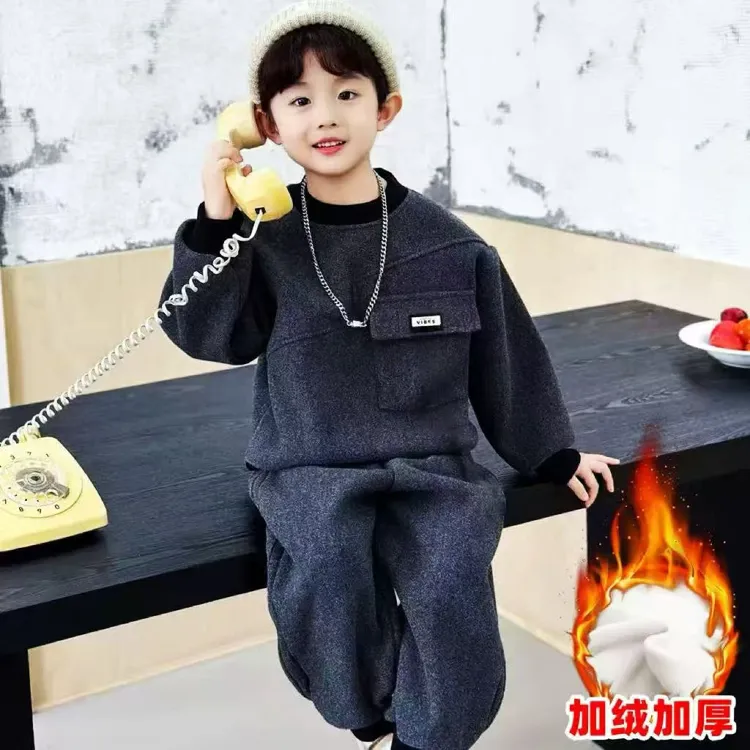 男童秋冬季加绒套装2025新款洋气韩版宝宝冬季加厚卫衣儿童两件套