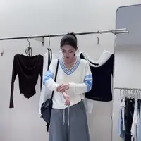 《四目》2025蓉蓉家秋季新款韩版微V领针织长袖条纹毛针织衫