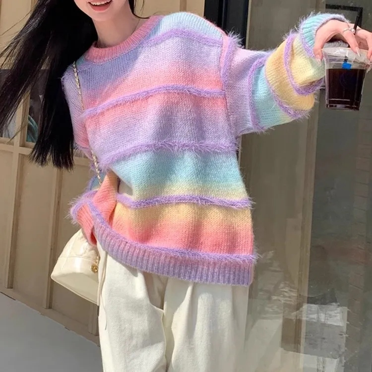 圆领套头毛衣女秋冬温暖风软糯毛绒绒撞色针织衫上衣日系风