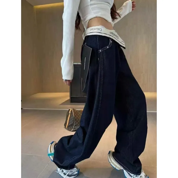 高个子加长复古深蓝牛仔裤女秋季宽松美式设计感低腰直筒阔腿裤子
