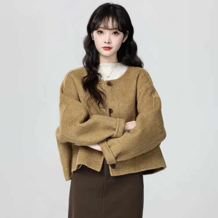 棕色圆领毛呢外套女秋冬2025秋季新款小香风双面呢子开衫短款上衣