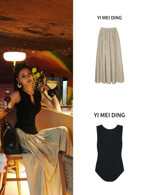 SY01【依美丁】百搭小V领针织上衣褶皱高腰长半裙（不含胸针）