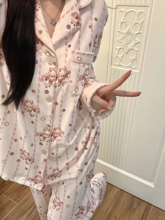 韩系甜美少女风木马kitty德绒睡衣女2025秋冬新款大码家居服套装