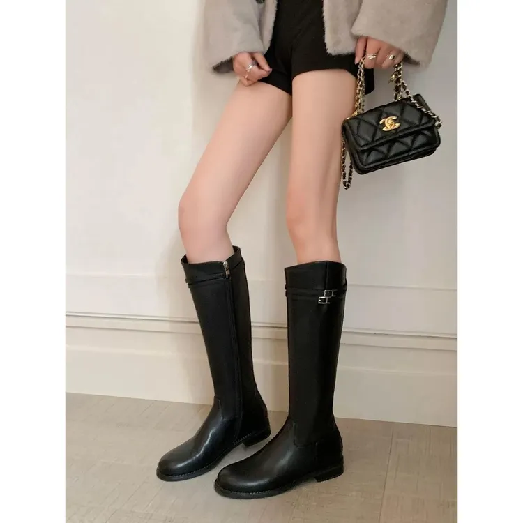 2025真皮骑士靴女显腿长高筒靴秋季新款百搭圆头皮带扣时装长靴