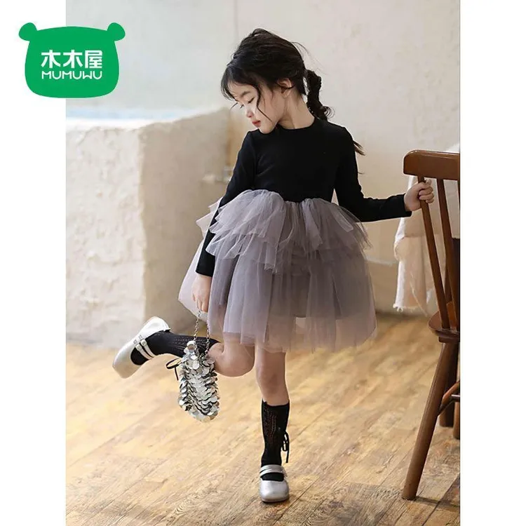 木木屋童装女童蓬蓬裙洋气春秋新款儿童公主女宝宝网纱拼色连衣裙