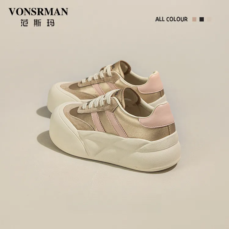 范斯玛金粉世家2025春季新款不规则厚底小白鞋女拼色百搭德训板鞋