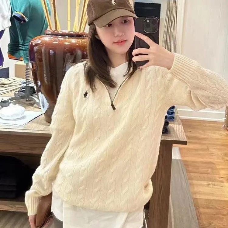 麻花立领拉夫针织衫针织毛衣小马秋冬刺绣麻花慵懒拉链外套上衣