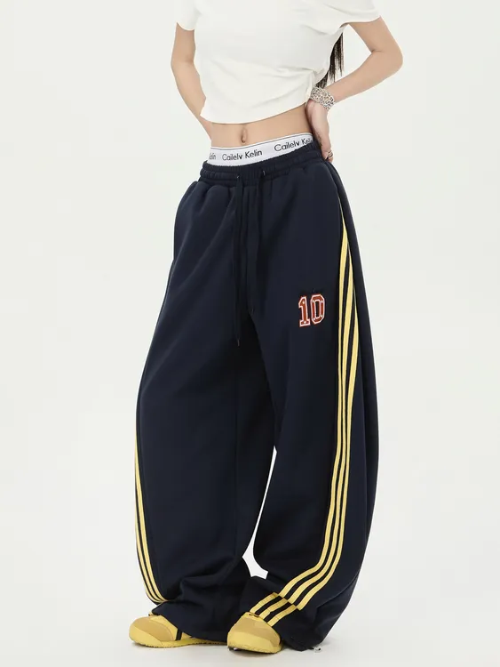 美式复古撞色条纹三条杠阔腿卫裤女夏季宽松百搭爵士舞情侣休闲裤