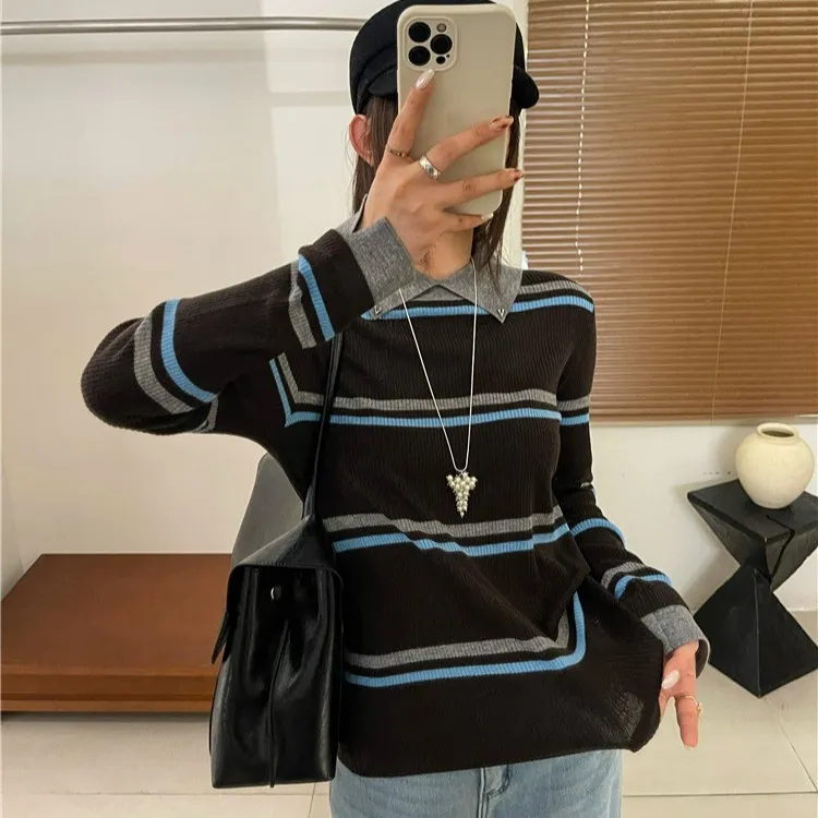 POLO领撞色条纹设计感针织衫毛衣秋冬新款洋气时尚打底上衣I2-98