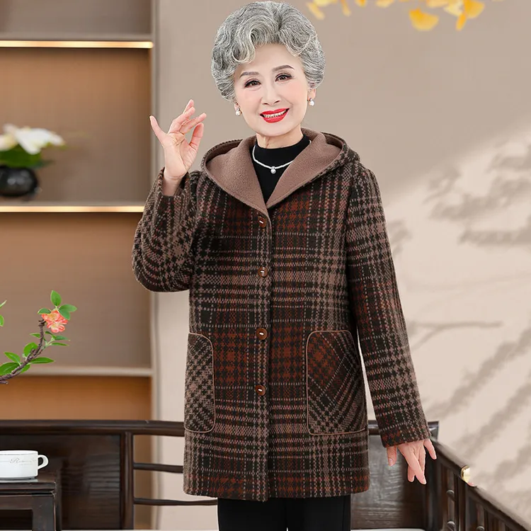 中老年人妈妈秋冬格子毛呢大衣中长款加厚大码宽松上衣羊绒女外套