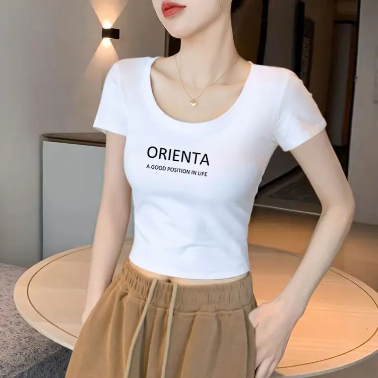 短袖t恤女新款小个子高腰圆领修身印花短款T恤棉白色露脐正肩上衣