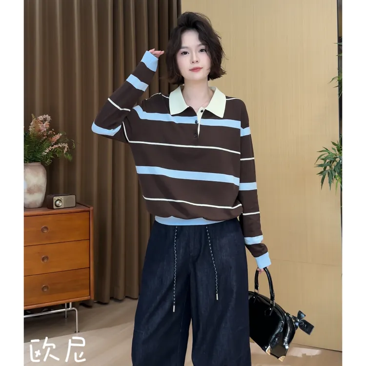 欧尼私服 2025早秋新款气质撞色条纹长袖针织百搭上衣2508C4676