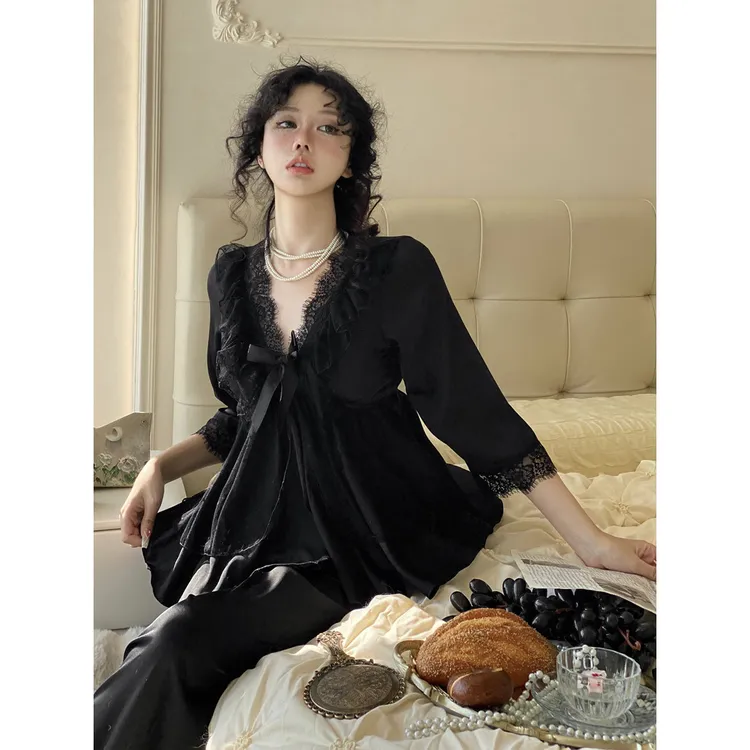 法式七分袖冰丝睡衣女春夏季黑色甜美性感蕾丝带胸垫家居服套装