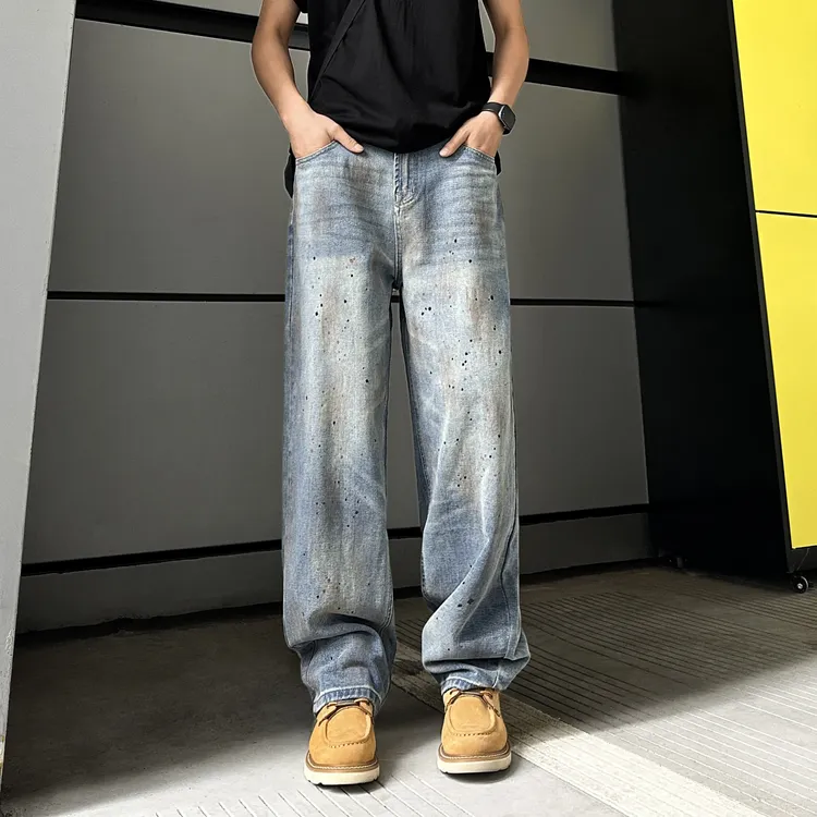 QUALCOMM美式泼墨脏染阔腿牛仔裤男士夏季新款潮牌设计感阔腿长裤