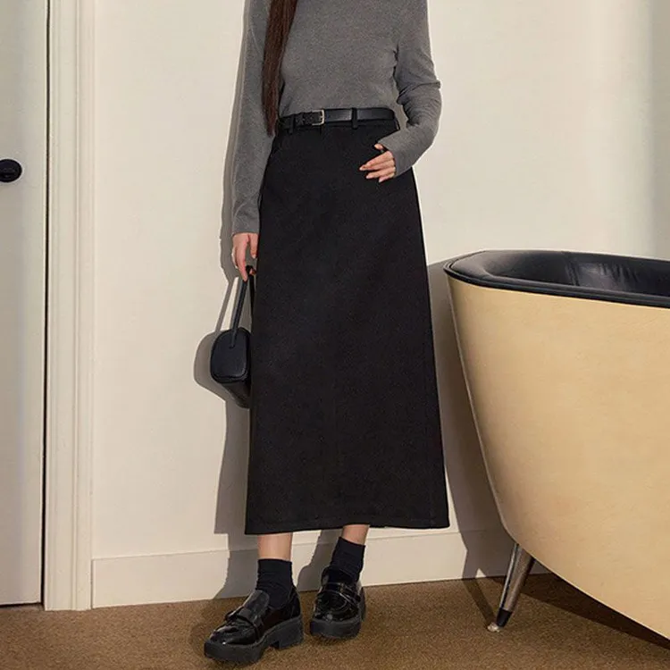 KALUOLAI/卡洛莱时髦通勤高腰显瘦半身裙女秋冬中长款毛呢直筒裙