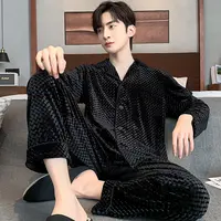 高级感黑色韩国绒长袖睡衣男春秋季男士家居服套装秋冬套装可外穿