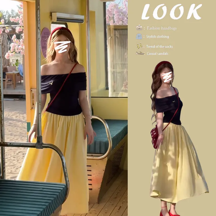 时尚穿搭女2025夏季新款气质百搭修身一字肩上衣显瘦半身裙两件套