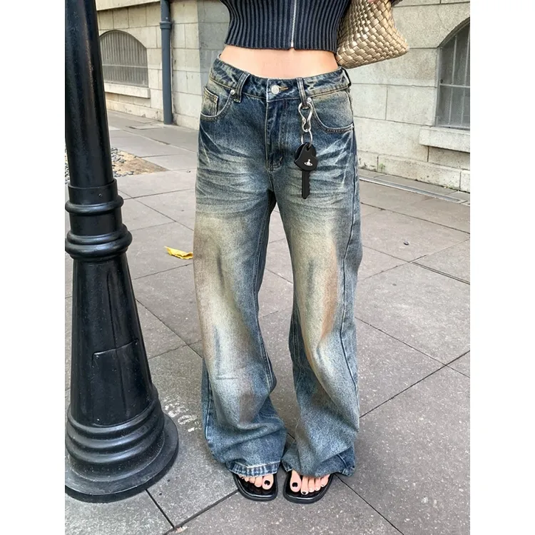 美式复古水洗做旧直筒牛仔裤女秋季新款高腰宽松百搭阔腿拖地长裤