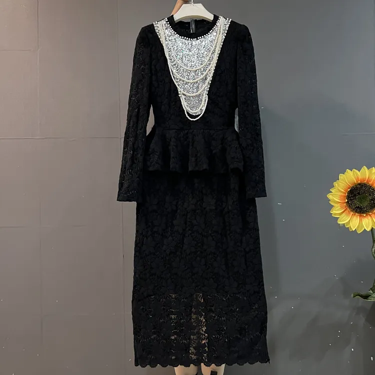 新款法式千金风时尚重工钉珠拼接假两件收腰显瘦蕾丝连衣裙