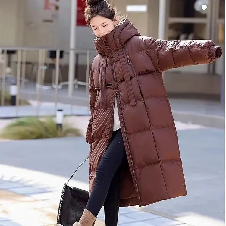 2024新款飘带羽绒服冬季加厚保暖连帽时尚简约过膝鸭绒长款外套