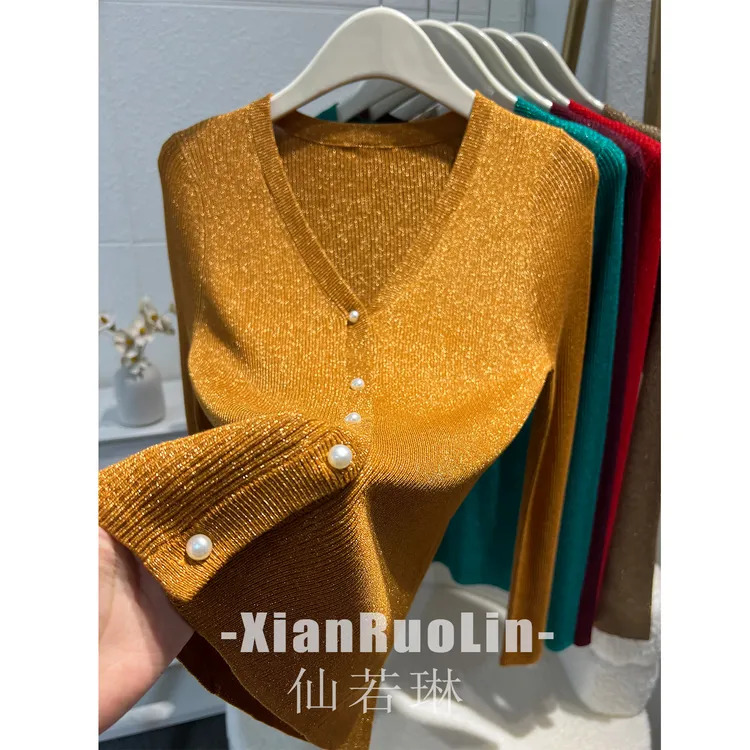 亮闪闪外搭开衫夏秋季高级感配裙子V领水晶纱法式修身针织外套女