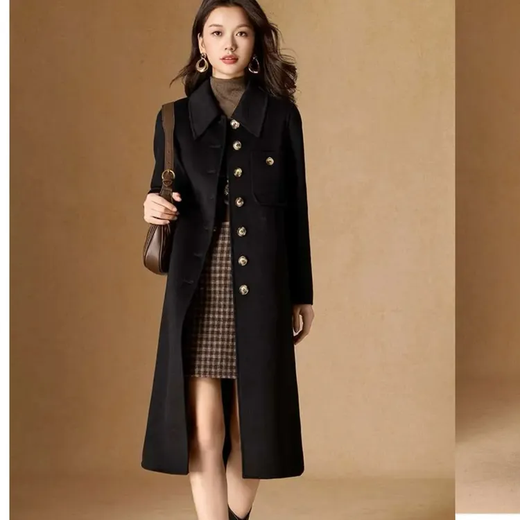6136双面大衣长袖翻中长款赫本风显瘦韩版过膝秋冬