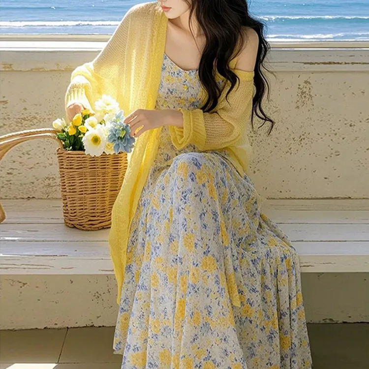 2025春季新款时尚韩系温柔风黄色针织开衫碎花连衣裙显瘦两件套女