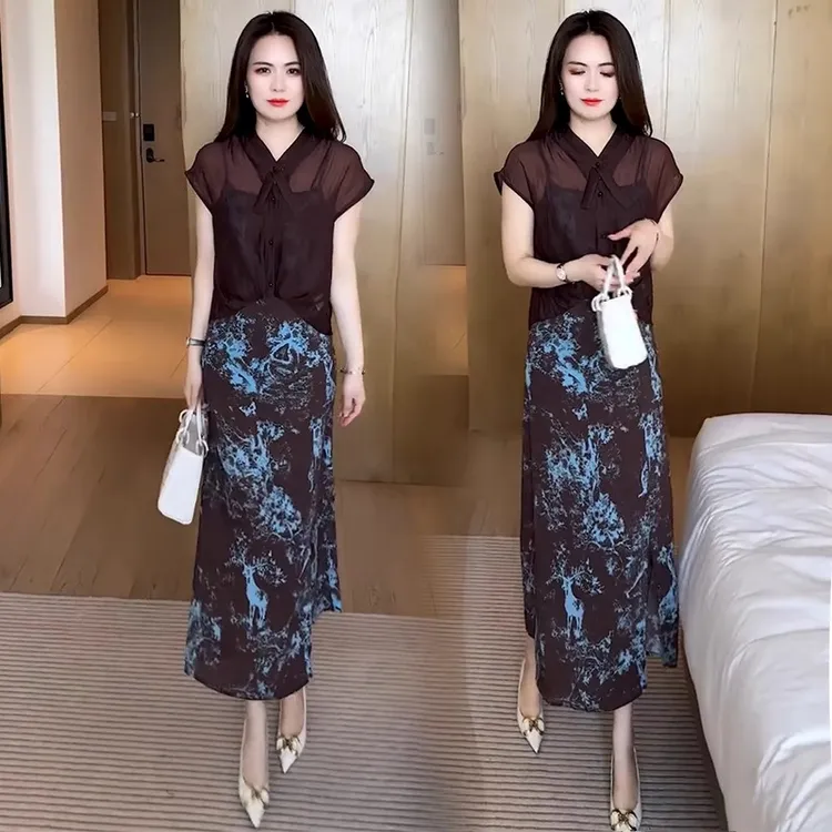 设计感上衣水墨印花吊带连衣裙套装女2025新款夏季衬衫外套吊带裙