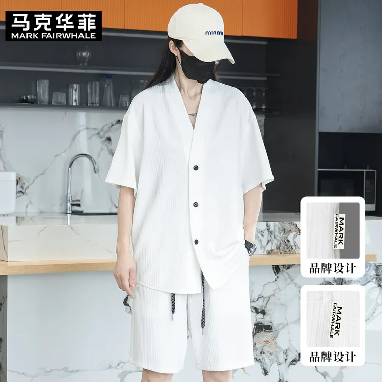 MARK FAIRWHALE/马克华菲2025男士夏季套装黑色V领短袖宽松短裤男