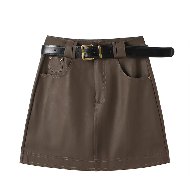 3629#简约百搭,显瘦高腰a版不挑人半身裙皮裙,黑/咖色(送腰带)