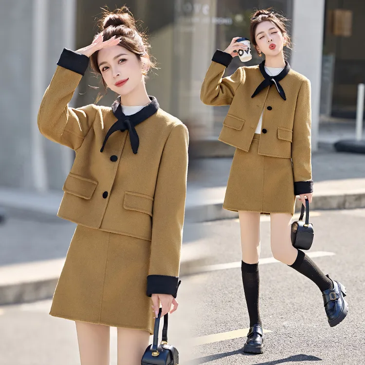 小香风双面羊毛套装裙女2025冬季新款高级感甜美气质半身裙两件套