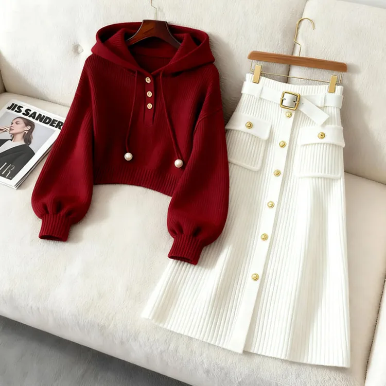 小众别致红色连帽抽绳纯色卫衣女款秋季白色休闲百搭半身裙两件套