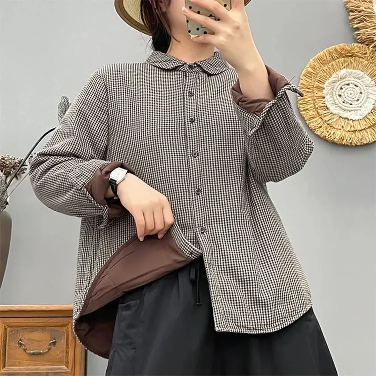 2025年秋冬文艺休闲夹棉加厚衬衫女宽松百搭叠穿长袖格子上衣棉衣