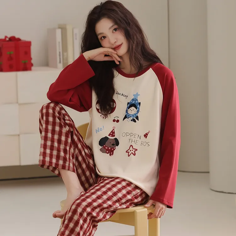 卡之恋红色小猫长袖40支紧赛精梳双面纯棉可外穿居服【加厚全棉】