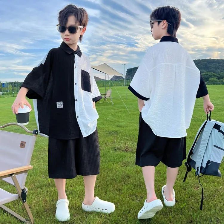 男童夏装衬衫套装2025年新款男孩宽松潮流时尚衬衫套装潮帅气薄款