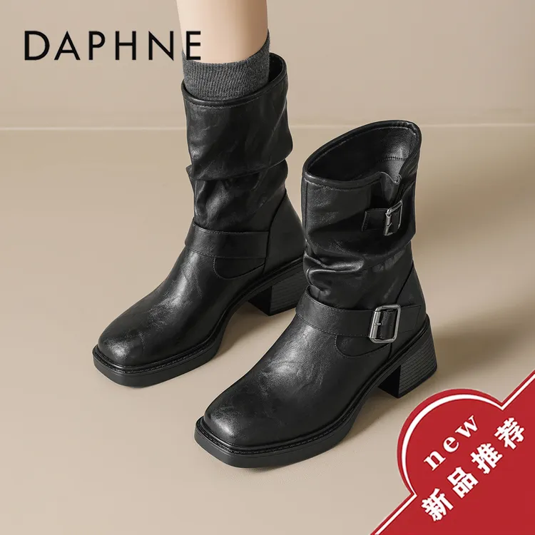 达芙妮朋克扣带厚底靴子显瘦中筒堆堆靴女秋冬新款高跟粗跟马丁靴