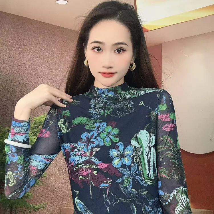 2025秋季新款长袖高领肌肤纱时尚显瘦印花T恤上衣B103