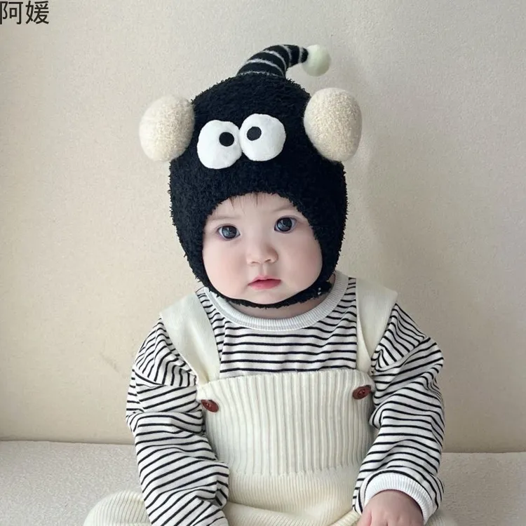 婴儿帽子秋冬季搞怪眼睛男童女童包帽加厚毛绒帽保暖宝宝护耳帽
