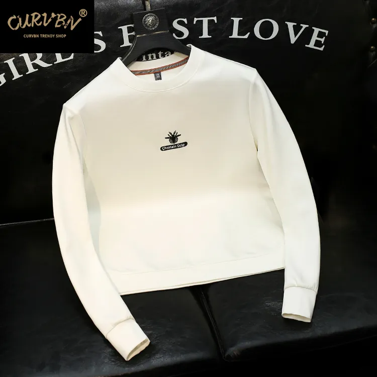 白色简约时尚套头卫衣男士青年修身修身男上衣秋装新款品质打底衫