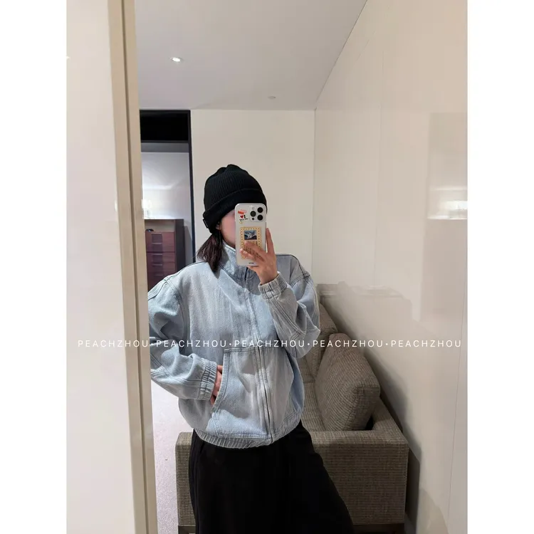 『PEACHZHOU』水洗浅蓝立体斜纹宽松立领牛仔外套美式复古休闲夹克