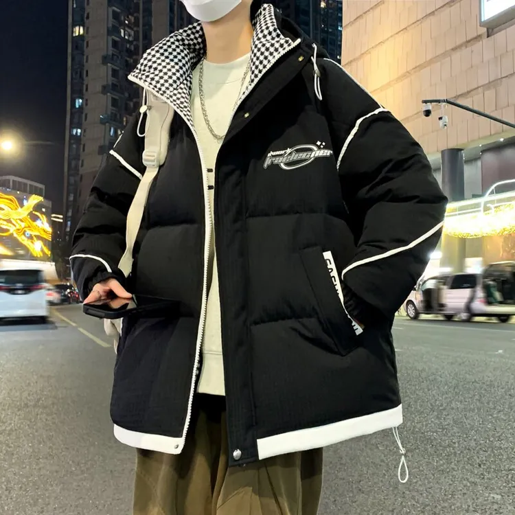 白鸭绒羽绒服男士潮牌ins青少年宽松连帽棉服男冬季防寒加厚外套