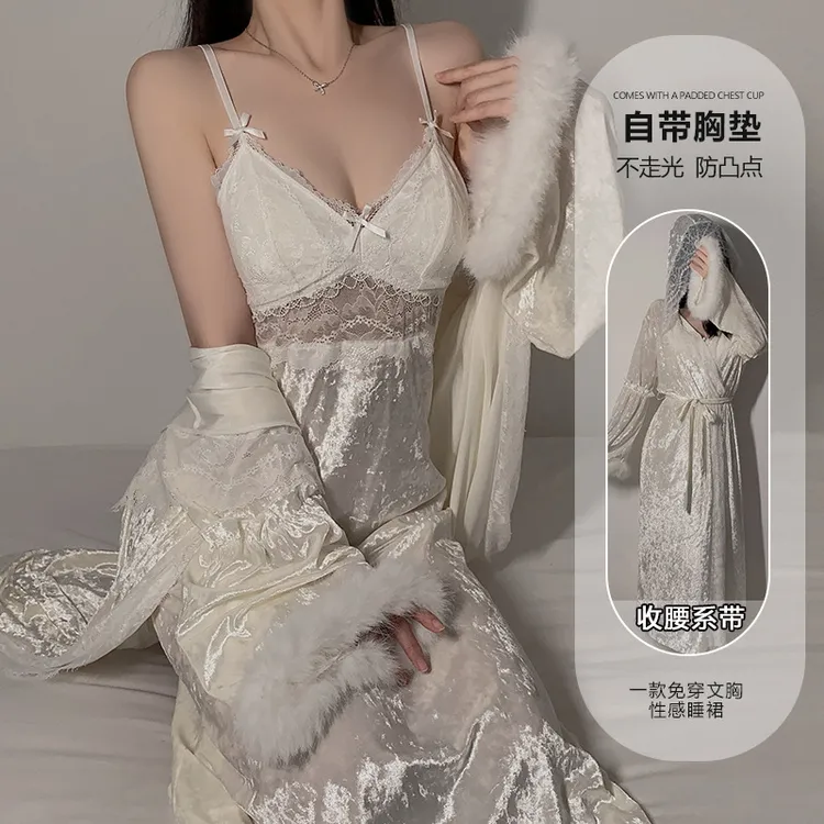 甜美青年大衣蕾丝白色连衣裙内衣胸垫纯欲法式新娘薄款免穿