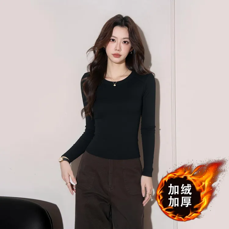 法芬图黑色圆领长袖打底衫女秋冬内搭新款磨毛加厚保暖修身上衣