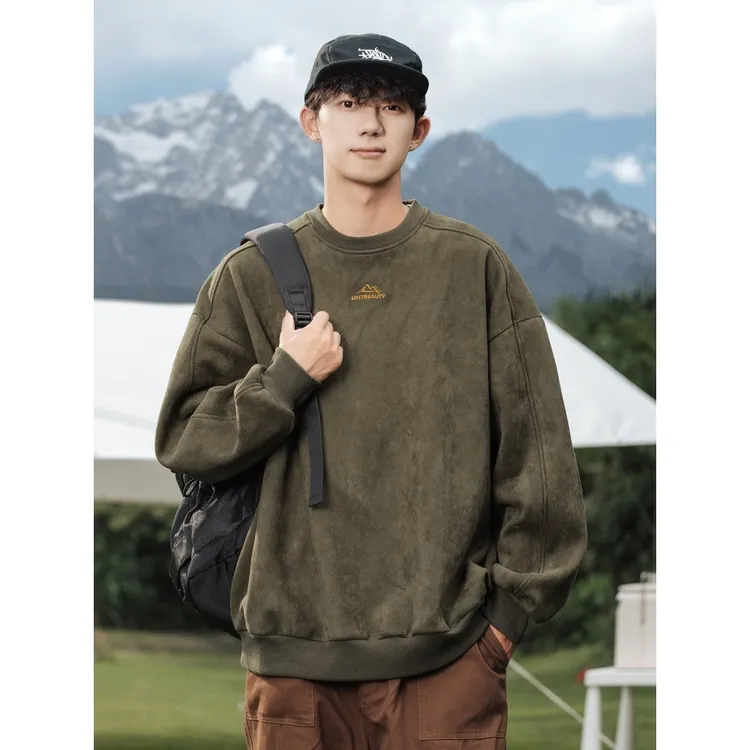 男士美式重磅麂皮绒卫衣男款冬季加绒加厚上衣外套2025年新款男女