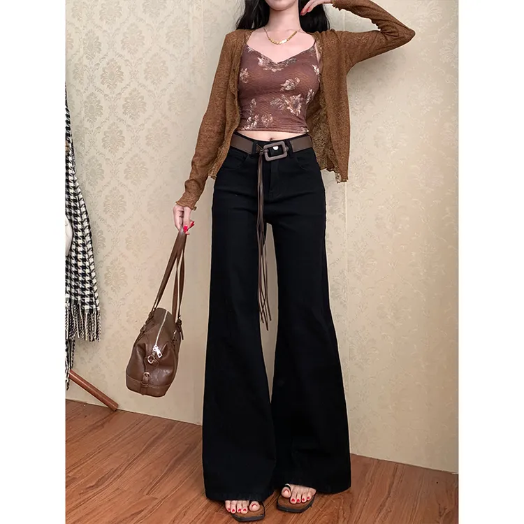 黑色高级不贴腿微喇牛仔裤女2025早秋新款高腰宽松弹力显瘦拖地裤