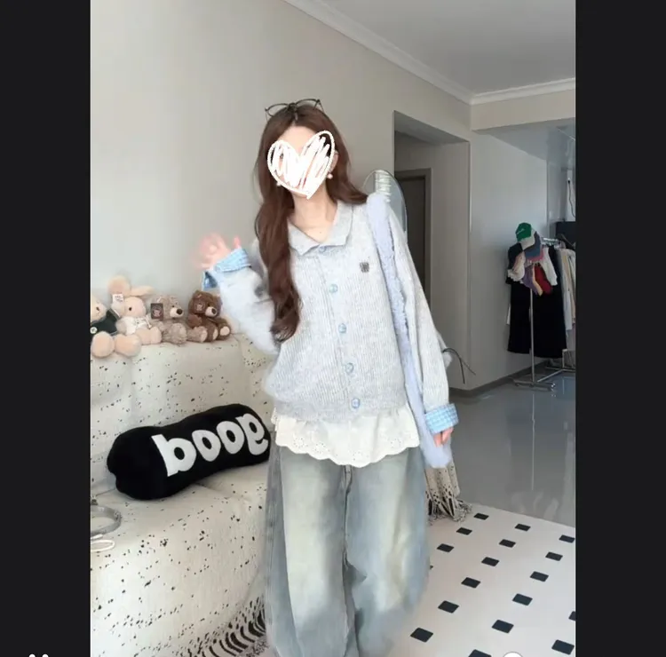 【圆脸苗苗】大码胖MM秋季新款穿搭针织外套＋花边打底减龄显瘦两件套