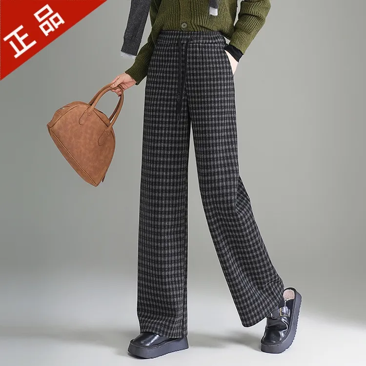 正品哥弟新款2025秋冬毛呢窄版阔腿裤格子女高腰休闲直筒裤子爆款