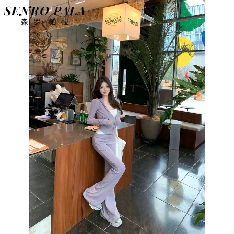 休闲运动套装气质修身连帽长袖卫衣外套女春季微喇叭直筒裤两件套