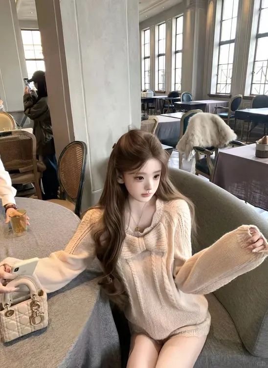 【甜杏杏子】秋冬新款纯欲风纱线杏粉设计感蝴蝶结针织上衣短裤套装